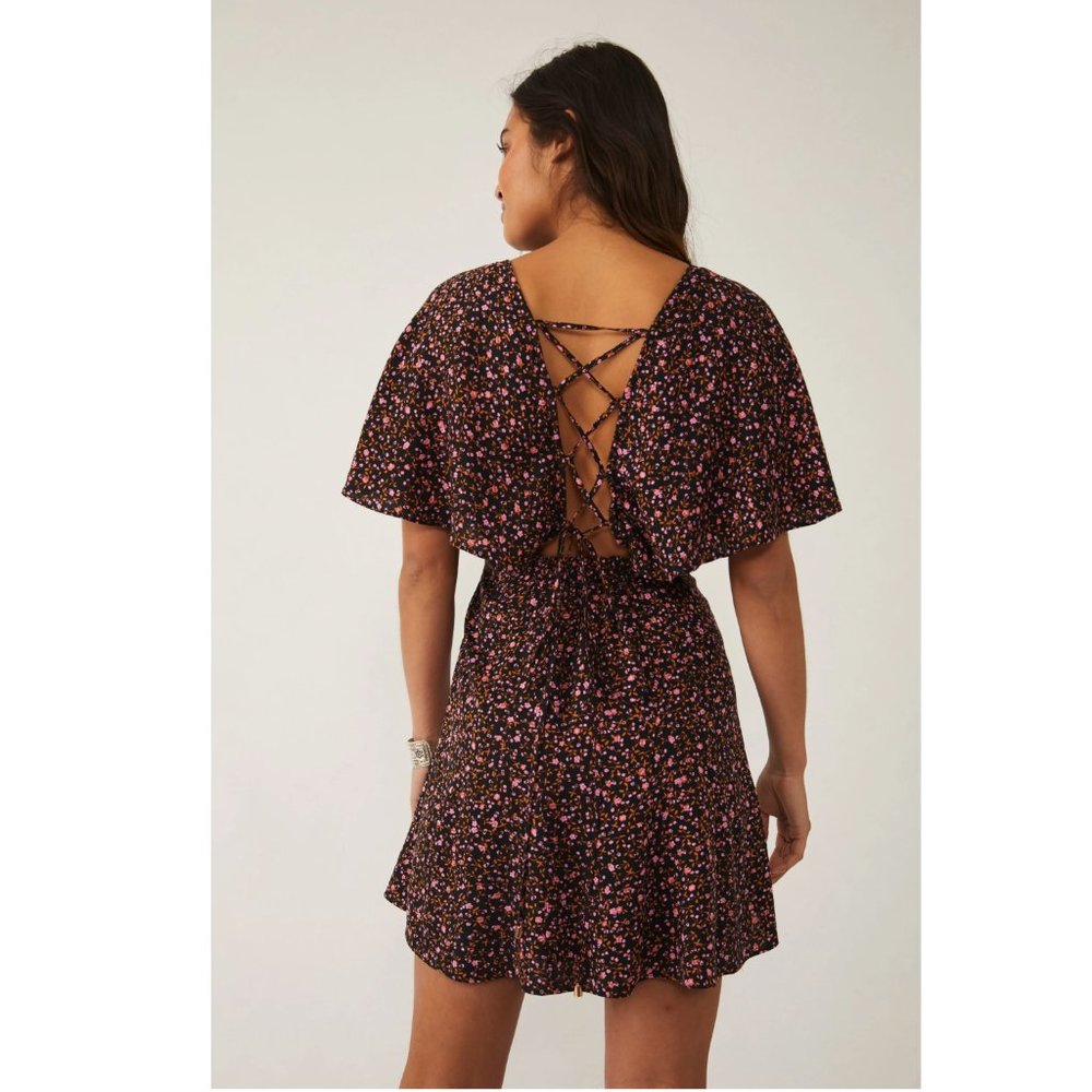 NEW Free People Florence Mini Dress Floral Lace Up Smocked Evening Combo Black - Picture 2 of 12